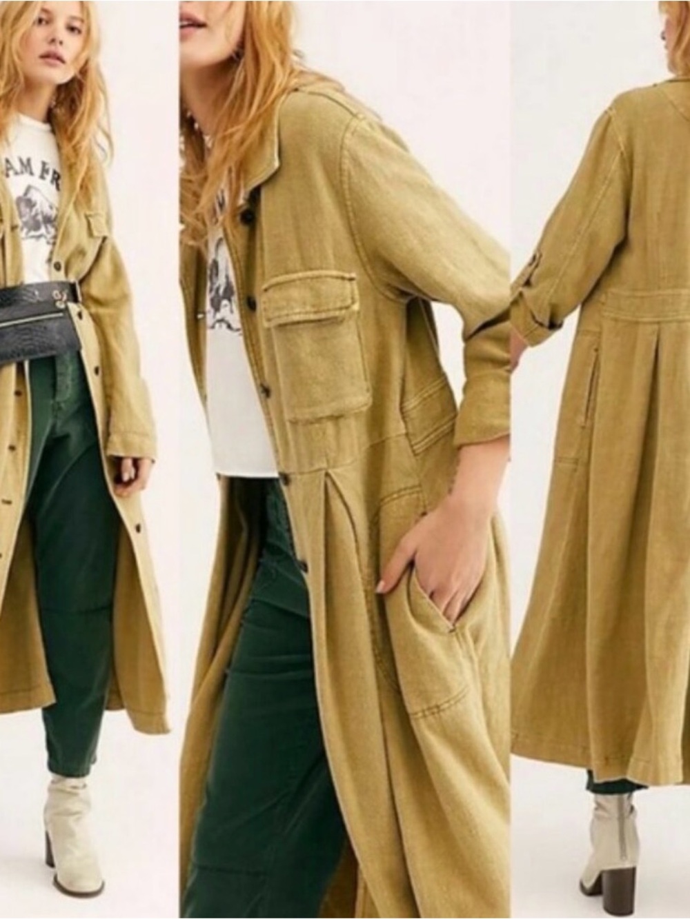 Free People Rainz Long Duster Jacket Marsh Green, M - Picture 7 of 7